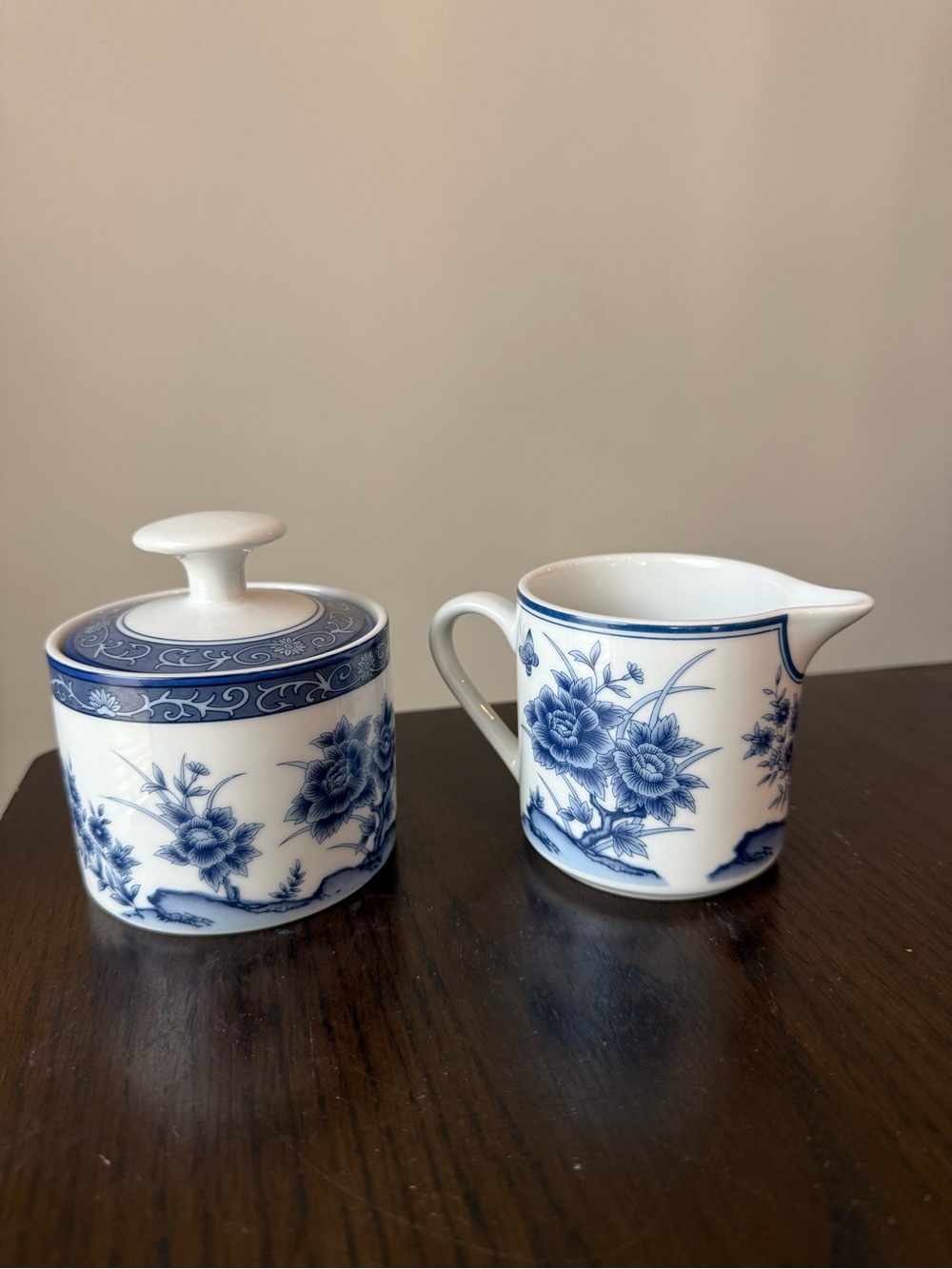 IMARI BLOSSOM Sugar and Creamer Blue White Floral Butterflies